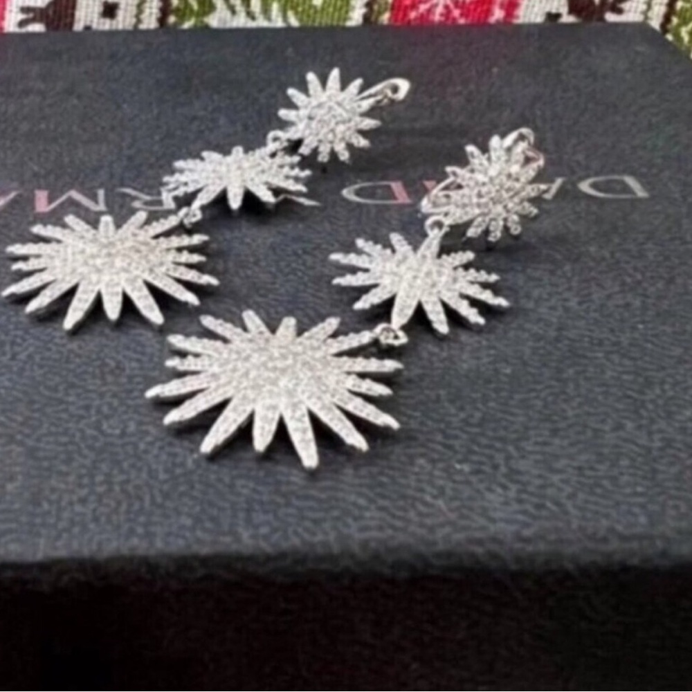 David Yurman Dazzling Silver Sunburst Drop Earrings with Pavé Crystals